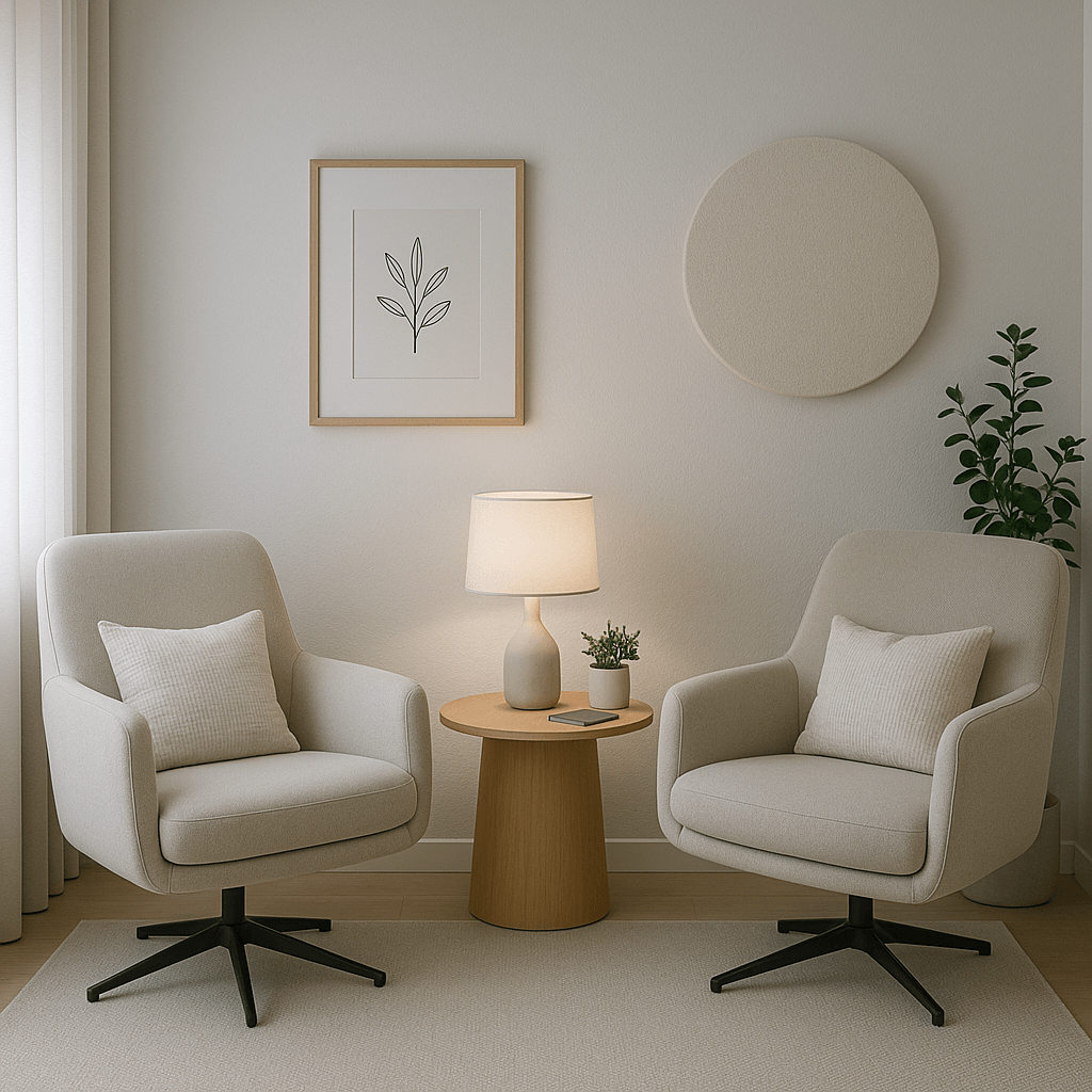 Calm counselling room in Peterborough with neutral tones and soft lighting.